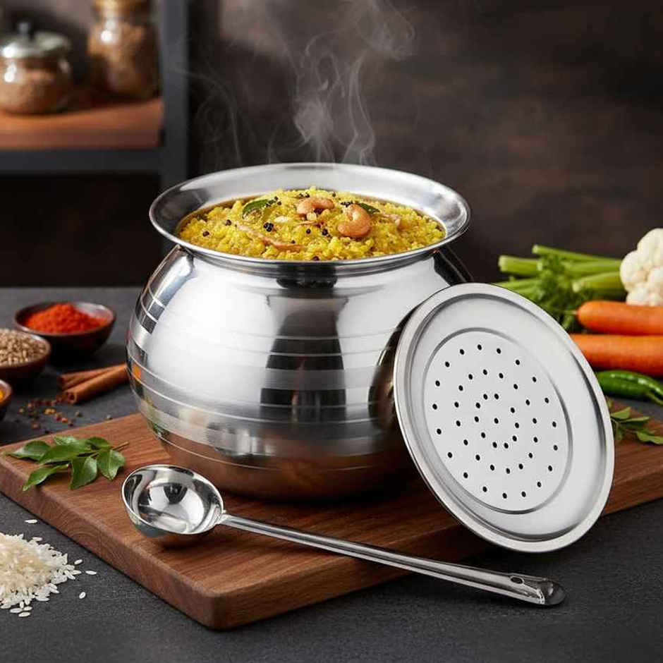Jensons Stainless Steel Rice Pot | Rice Strainer, Pongal Pot, Gundu, Cooker | 3 L
