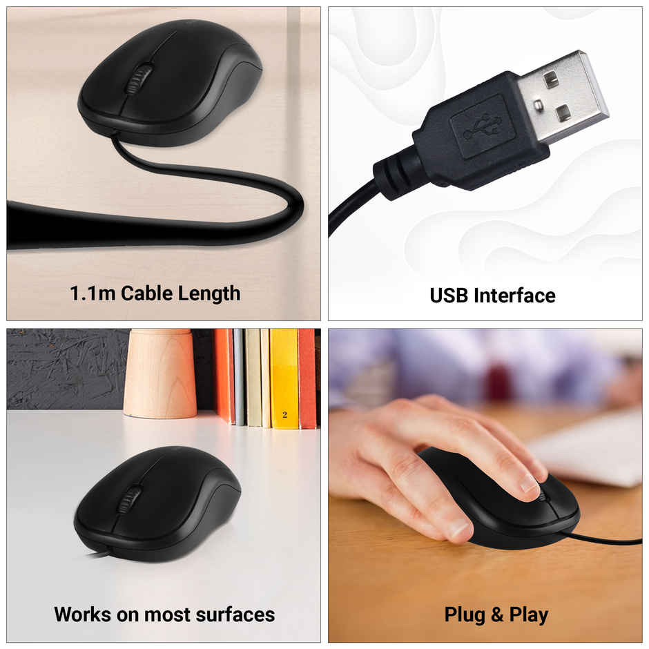 Zebronics Comfort Wired Mouse, 3-Button, 1000 DPI Optical Sensor, Plug & Play - Black