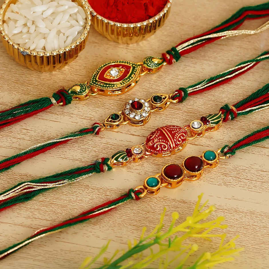 Kundan Multicolor Kundan Designer Rakhis & Roli Chawal Pack (eCraftIndia) Set of 4