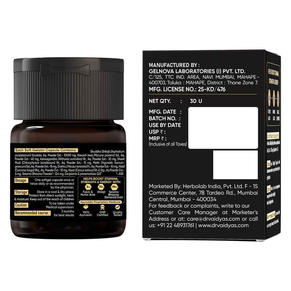 Dr. Vaidya's Herbo24Turbo Shilajit Resin Gold Softgel Pack for Strength & Stamina