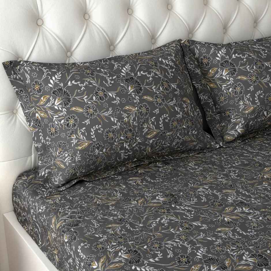 Raymond Home 120 GSM Hazel Floral Double Bedsheet with 2 Pillow Covers Black