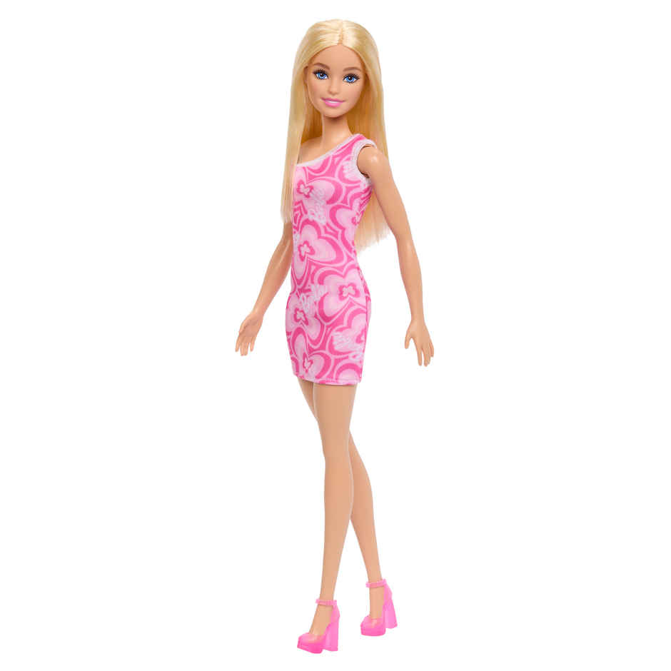 Barbie Fashion Dolls with Variety of Pink Patterned Dresses and Hair Colors