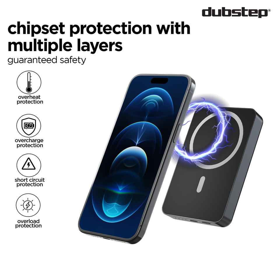 Dubstep Powerblitz X1 10,000 mAh 20W 12W Fast Charging Wired & Wireless Charging Compact Pocket Size Power Bank with Type-C to Type-C Cable - Black 