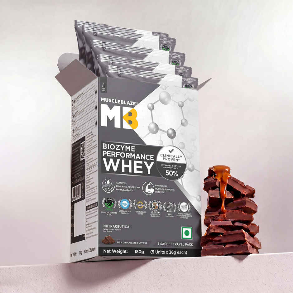 MuscleBlaze Biozyme Performance Whey Protein Powder Pack (Rich Chocolate)