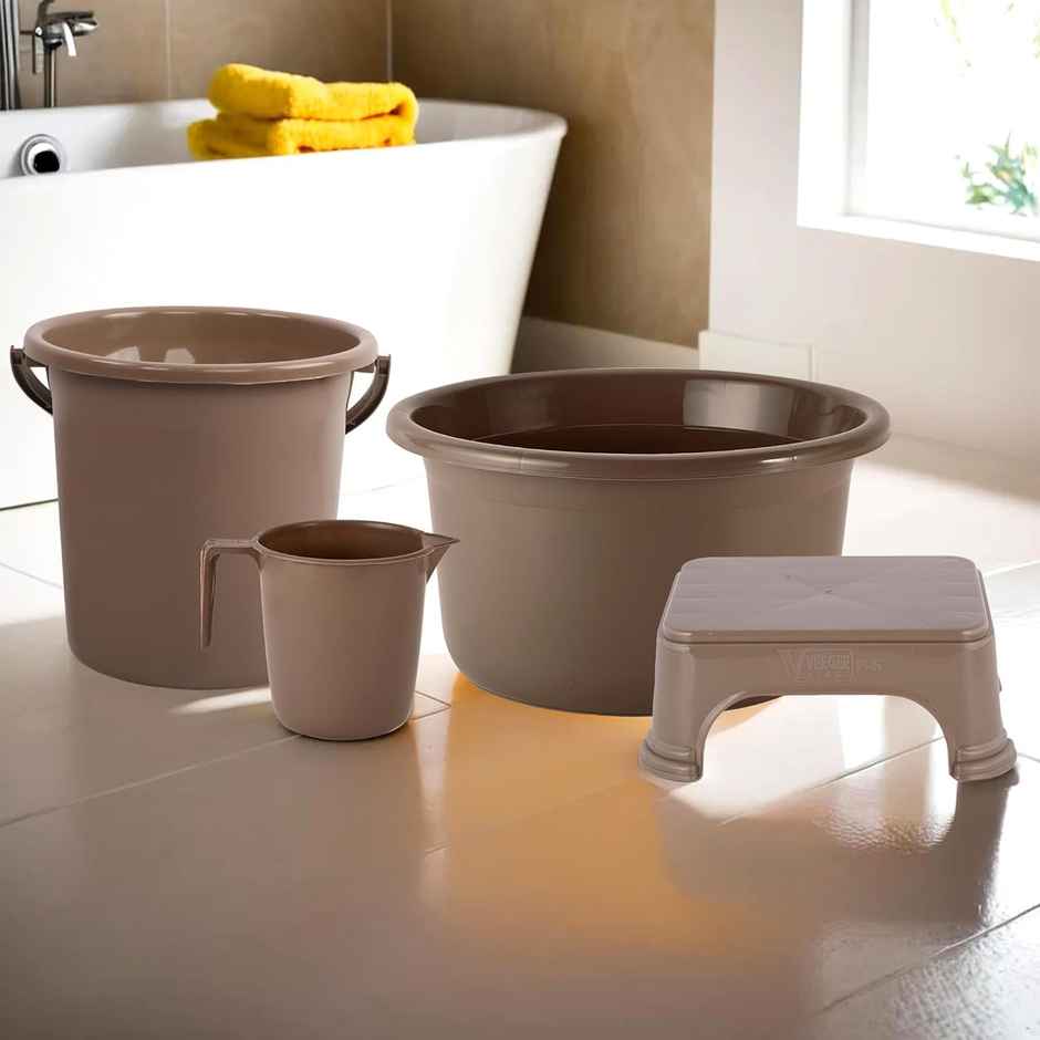Kuber Industries Tub-Bucket with Mug & Stool Bathroom Combo Set|Set of 4|Brown