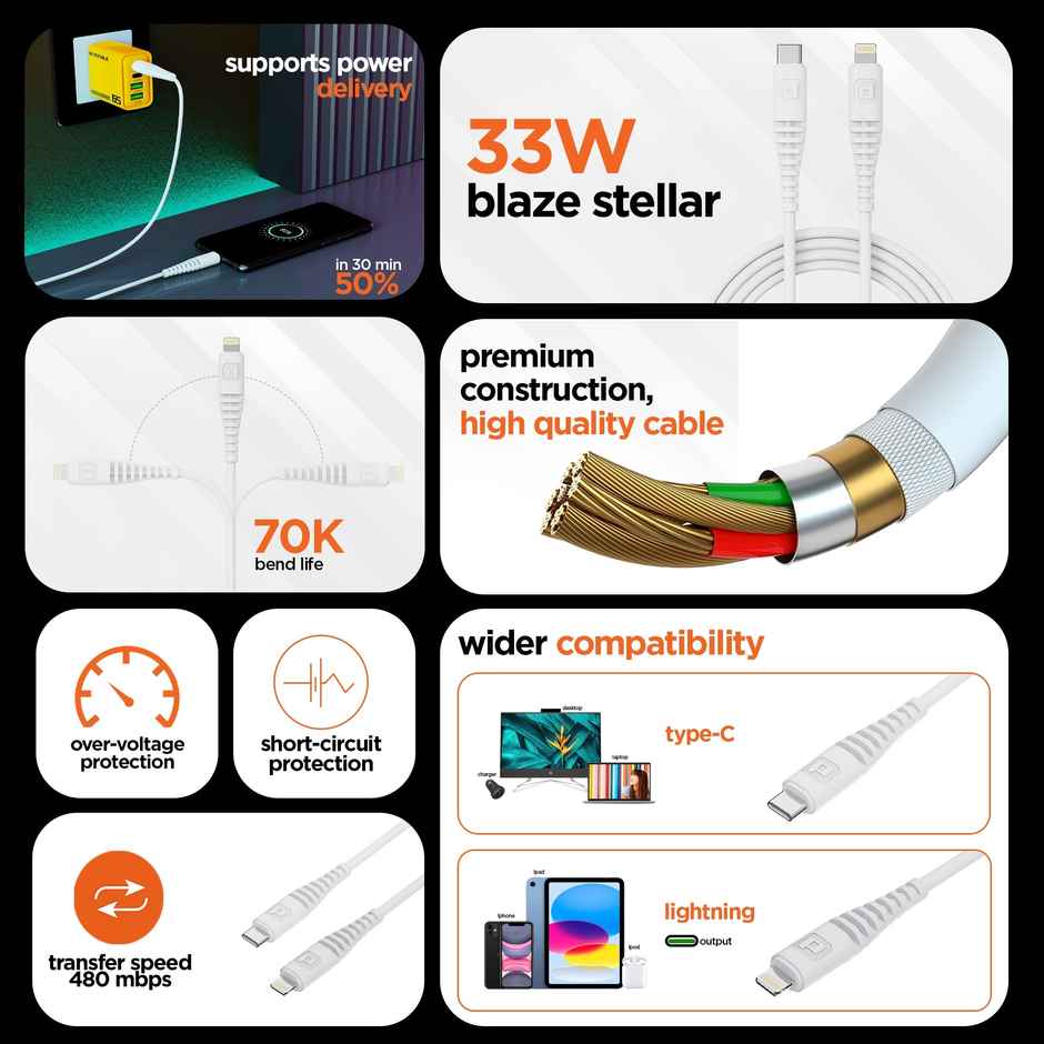 Dubstep Blaze Stellar 33W Type-C To Type-L Data Fast Charging Compatible & Data Sync Cable with Overheat Protection | 70k Insertion Tested - White