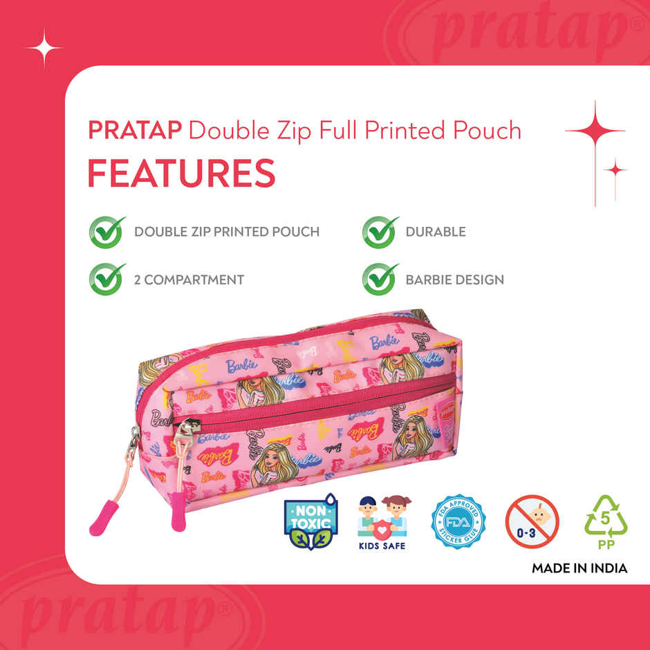 PRATAP Double Zip Cloth Full Printed Pouch | Pink, Barbie