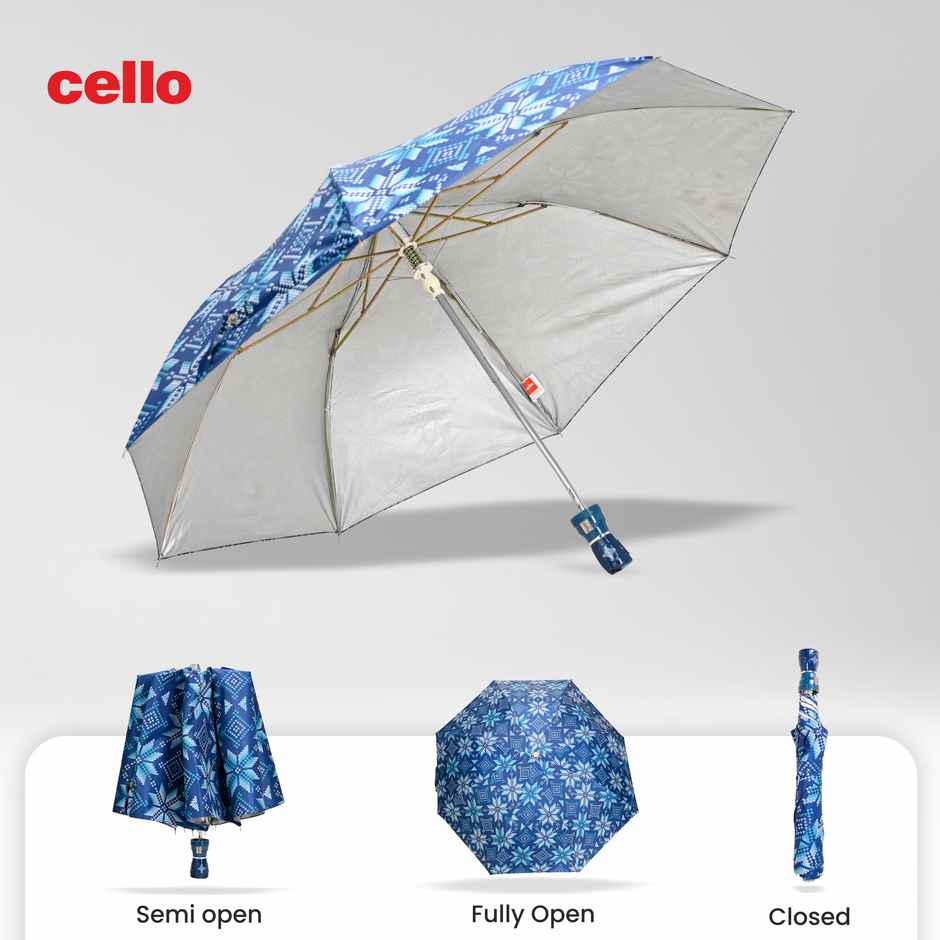 Cello Megha 21 Inch 2 Fold Mix Print Umbrella | Silver Blue