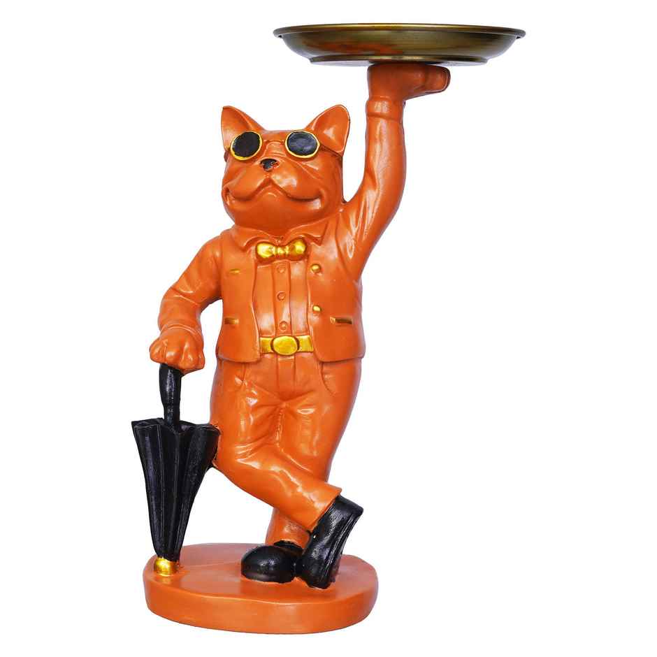 eCraftIndia Bulldog Statue in Glasses Holding Black Umbrella & Tray