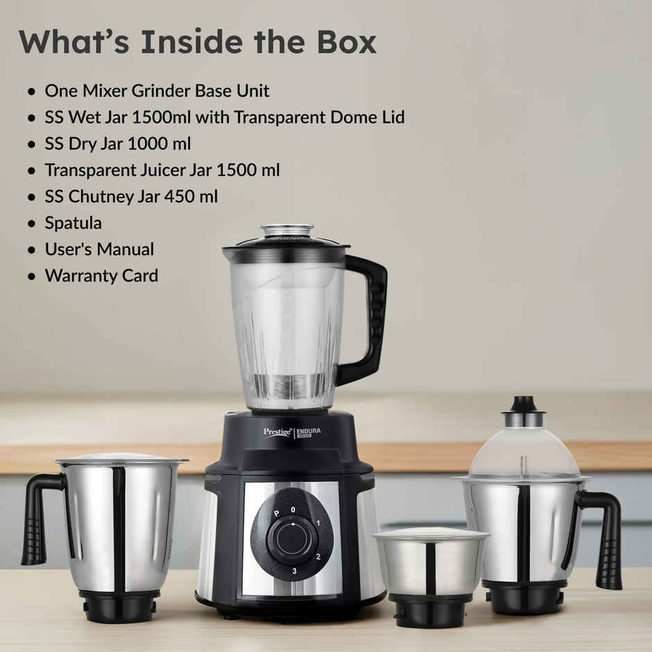 Prestige Endura 1000 Watts Mixer Grinder, Heavy-Duty Ball Bearing Copper Motor, 3 SS+1 Juicer, Black