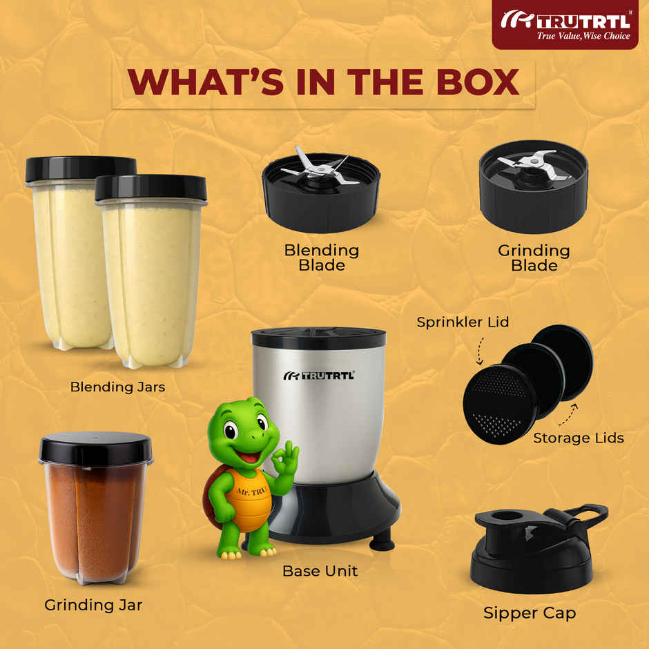 truTRTL Nutri Insta Mixer Grinder, Smoothie Maker, Masala & Chutney Grinder, 3 Jars with Sipper Cap