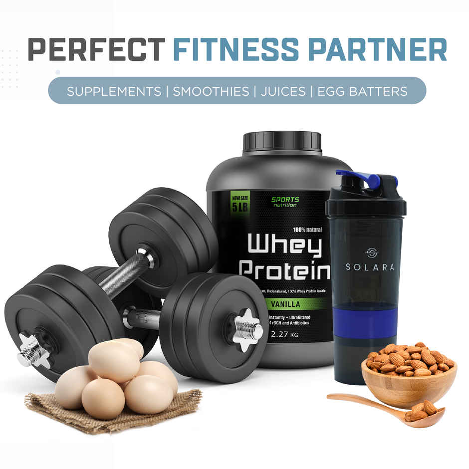 Solara 650 Ml Protein Shaker Bottle For Gym With Two Layer Extra Storage - Black & Blue (1pc) & Lifelong Pvc Hex Dumbbells 2Kg (1Kg X 2) For Home Gym Equipment Fitness Barbell (Pack Of 2) (1pc) Combo