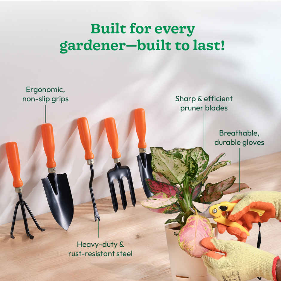 Ugaoo Gardening Tools Kit | Cultivator, Fork, Trowels, Weeder, Garden Gloves, Pruner Cutter