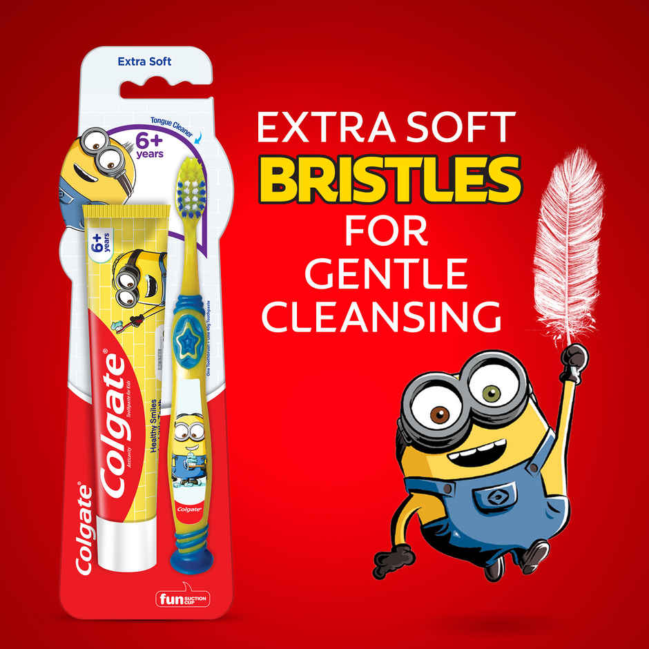 Colgate Kids (6+ years) Minion Toothbrush, Extra Soft with Tongue Cleaner - 1 Pc & Toothpaste