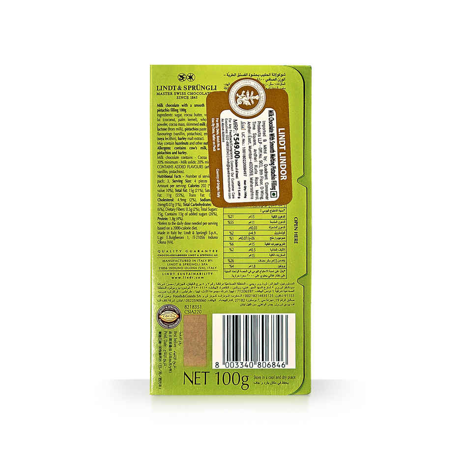 Lindt Lindor Pistachio Chocolate Bar