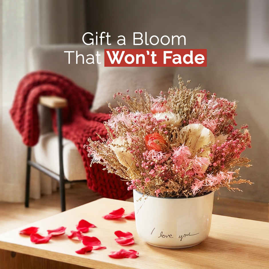 Pink Blossom Dry Flowers in Ceramic Vase with Fragrance Spray | Ideal for Gifting | IRIS