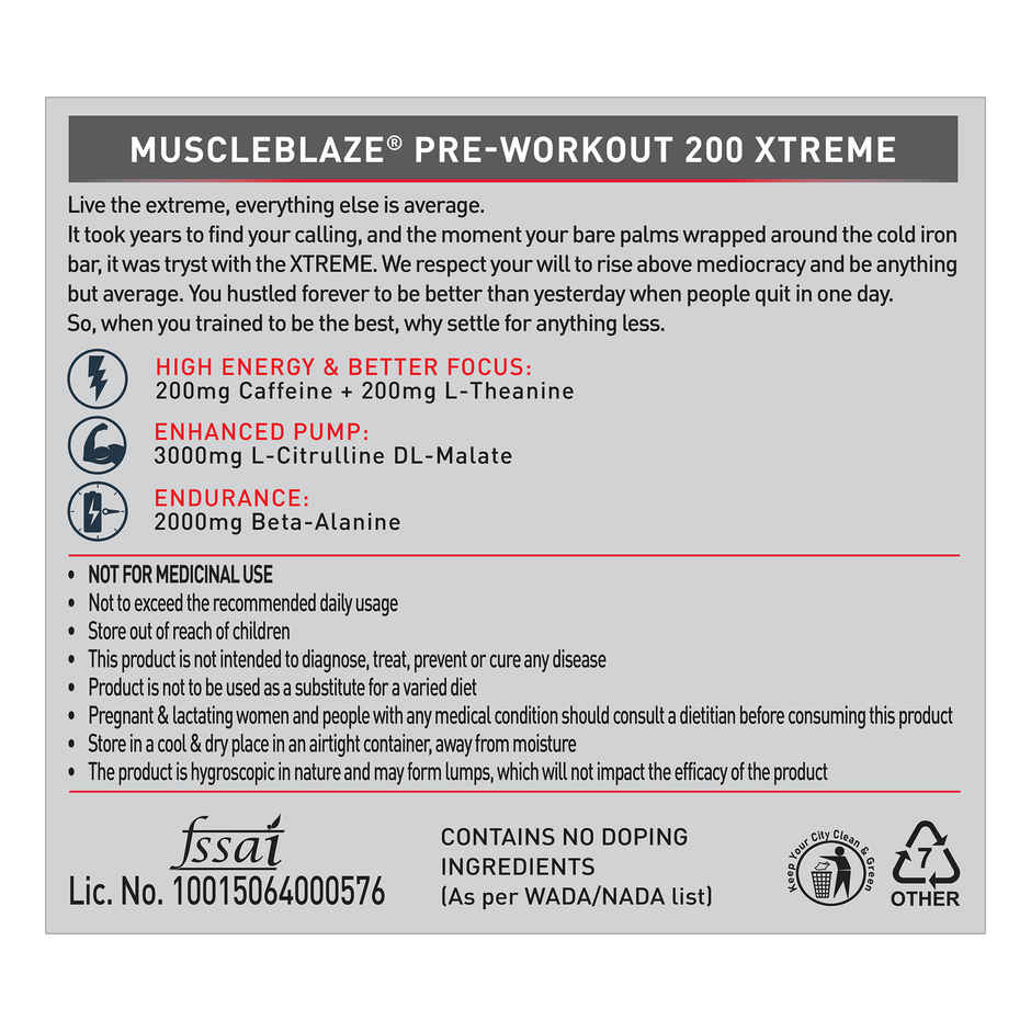 MuscleBlaze Pre Workout 200 Xtreme, (Berry Bolt, 30 Servings)