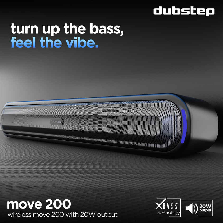 Dubstep Move 200 Soundbar With 12 Hrs Playtime, 52mm Dynamic Drivers, TWS Pairing 20 W Bluetooth Soundbar, 2.0 Channel - Black