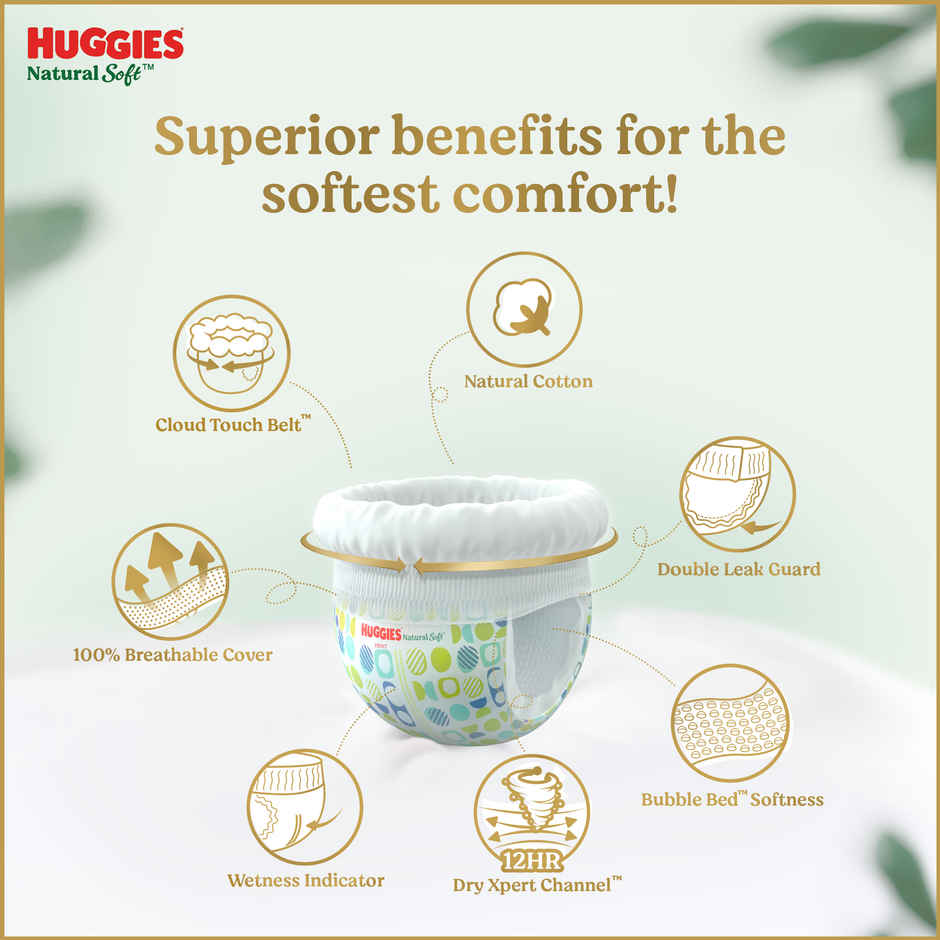 Huggies Natural soft Premium Pant style Baby diaper | XXL , 15-25kg, 12 hour absorption, 100% natural cotton, wetness indicator