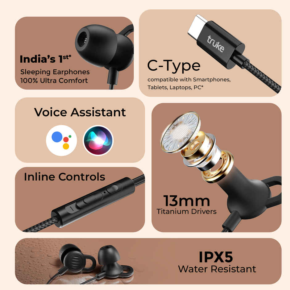Truke Bass S2 Sleeping Earphone with 100 percent Silicone Tip Type C Mic Multifunctional Keys Black