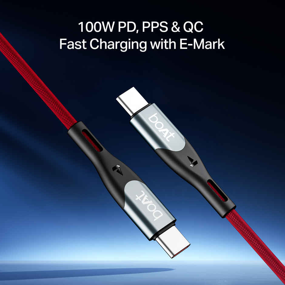 boAt Type C to C 100W Cable w/480 Mbps Data Sync and 100W PD, PPS AND QC support.| Martian Red