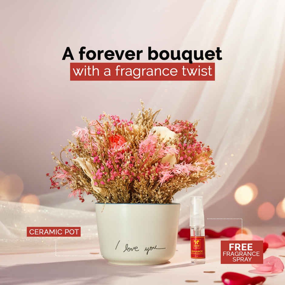 Pink Blossom Dry Flowers in Ceramic Vase with Fragrance Spray | Ideal for Gifting | IRIS