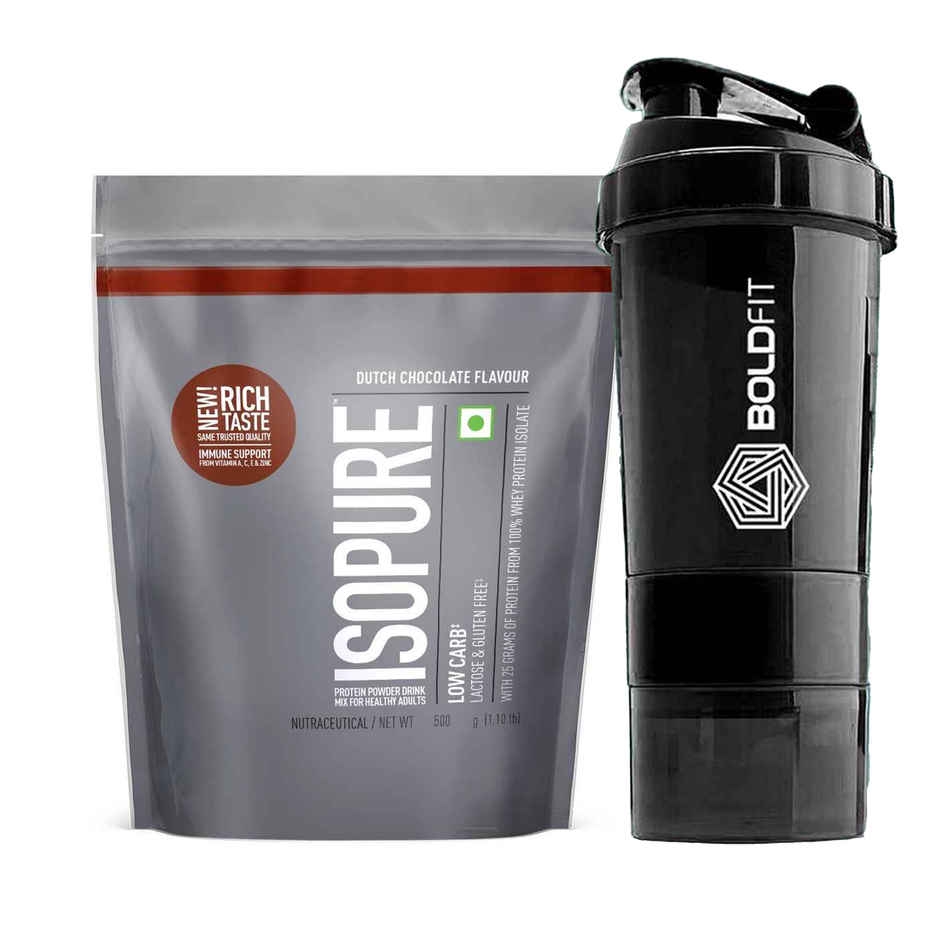 Isopure Whey Protein Isolate Powder With Vitamins For Immune Support - (Dutch Chocolate) (500g) & Boldfit Spider Gym Shaker Bottle (1pc) Combo