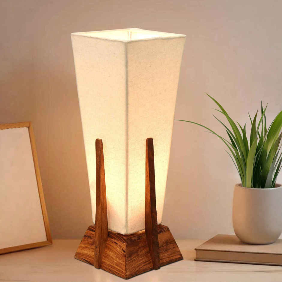 Homesake Retro Sheesham Wood Pyramid Bedside Lamp with Khadi Shade | Table & Nightstand Light