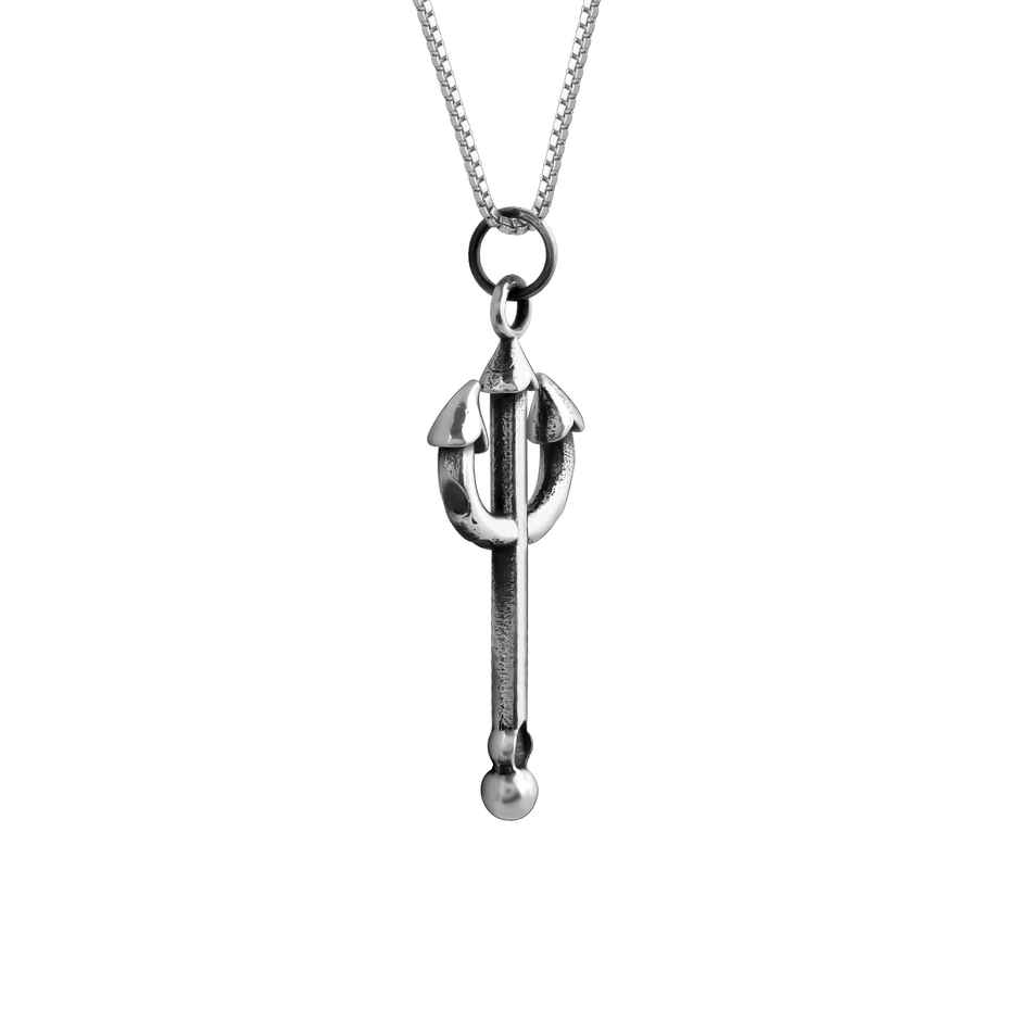 Giva Oxidised Silver Trident Pendant With Box Chain For Him