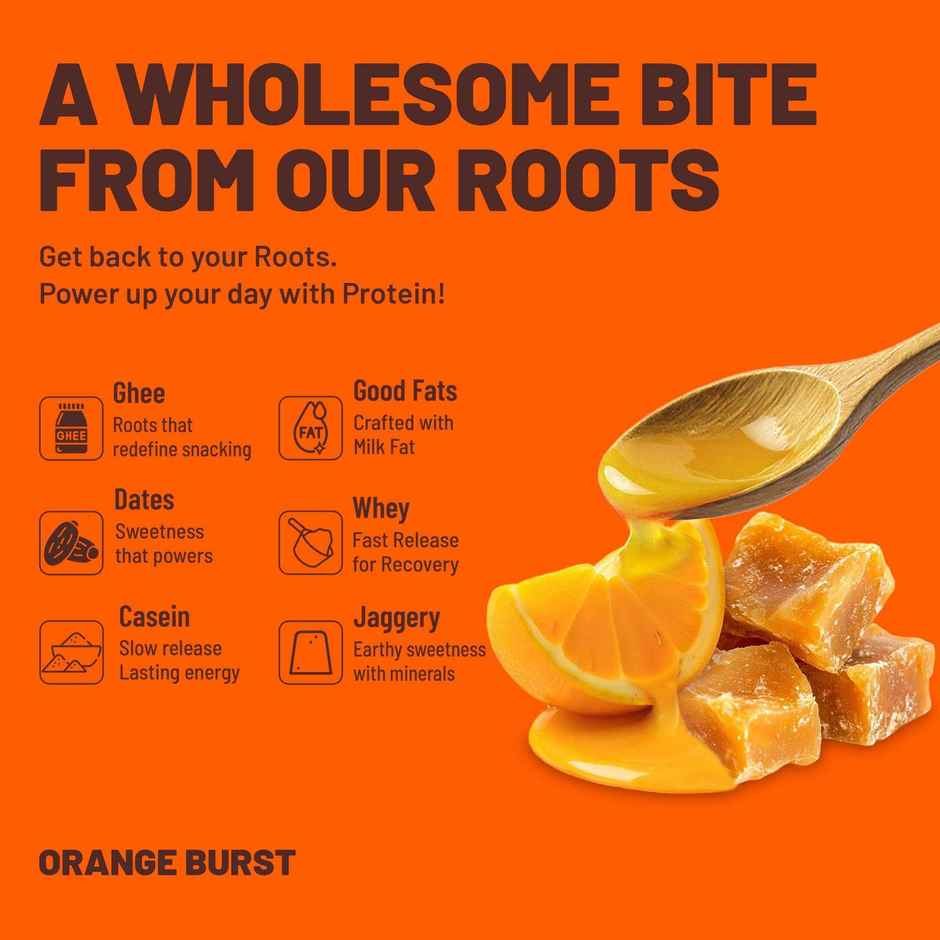 Max Protein Roots Ghee Jaggery 10g Protein Bar | Orange Burst | No Palm Oil | 4g Fiber