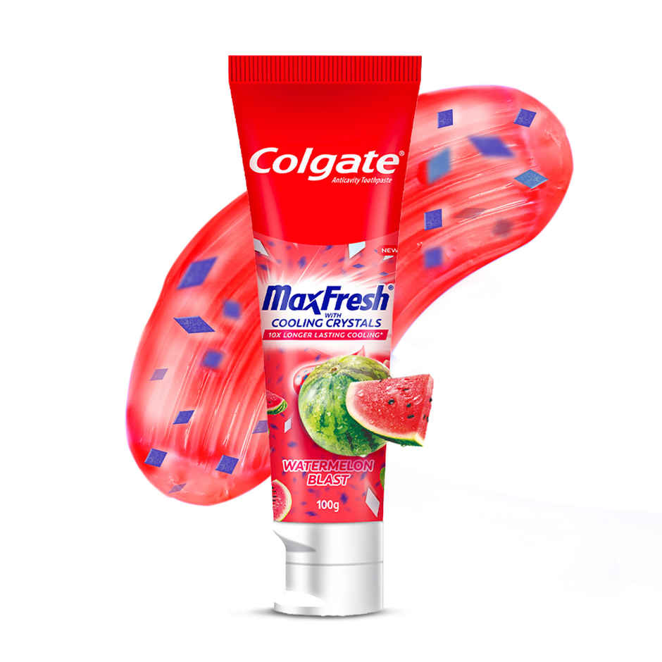 Colgate Maxfresh Rainbow Fresh Gel Toothpaste With Heart Shaped Crystals, Triple Mint Flavour (100g) & Colgate Maxfresh Watermelon Blast Gel Toothpaste With Cooling Crystals, Ultrafreeze Technology (100g) Combo