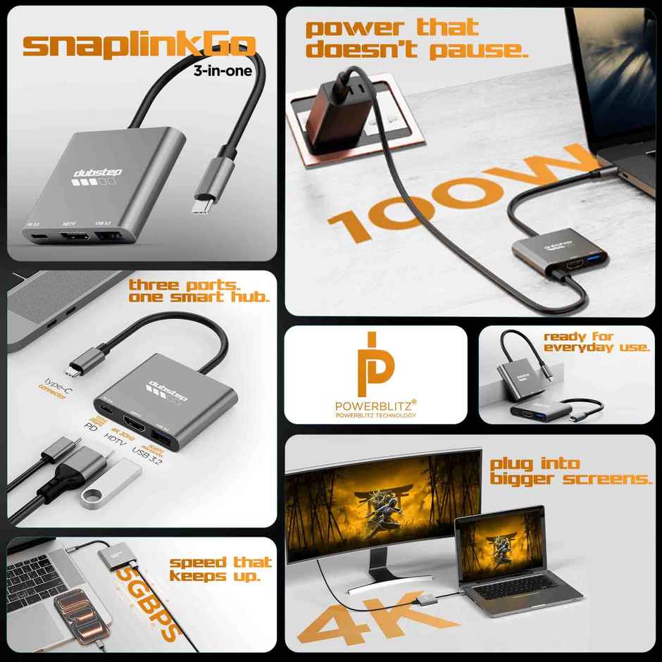 Dubstep SnaplinkGo 3-in-1 Type C HDMI USB Hub Grey