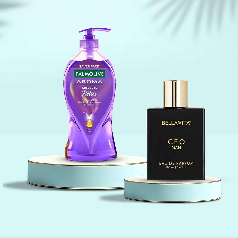 Palmolive Iris & Ylang Ylang Essential Oil Aroma Absolute Relax, Moisturizing Body Wash (750ml) & Bella Vita Organic Ceo Man Eau De Parfum For Men Long-Lasting Hints Of Lemon And Sugar (100ml) Combo