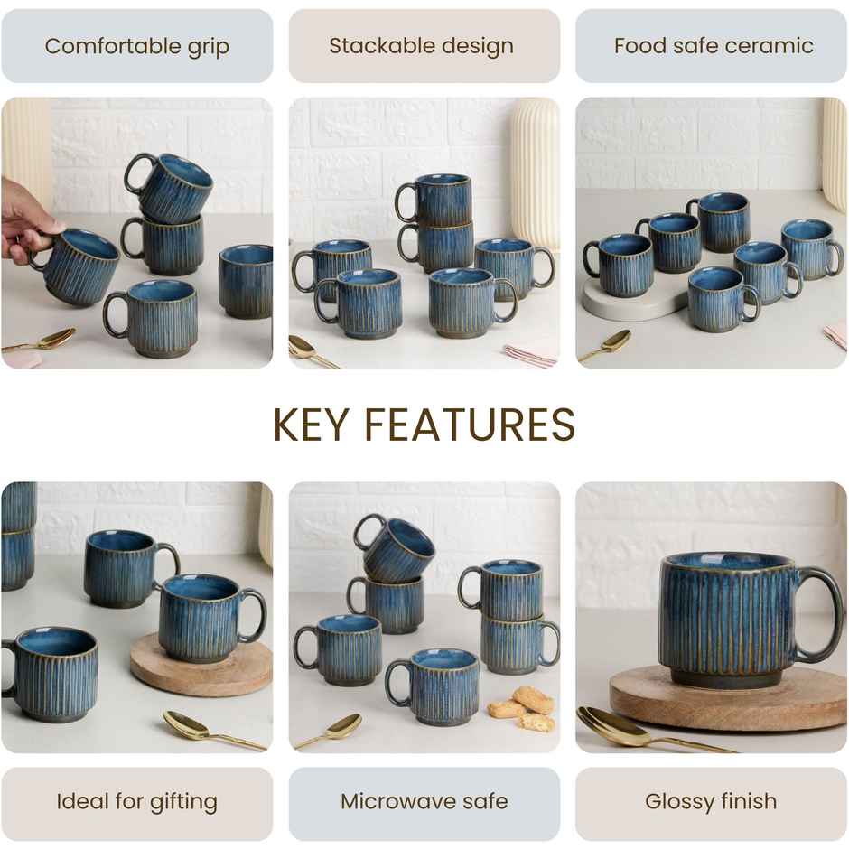 The Earth Store Glam Blue Fringe Premium Stackable Ceramic Tea Cup | Blue - 160 ml
