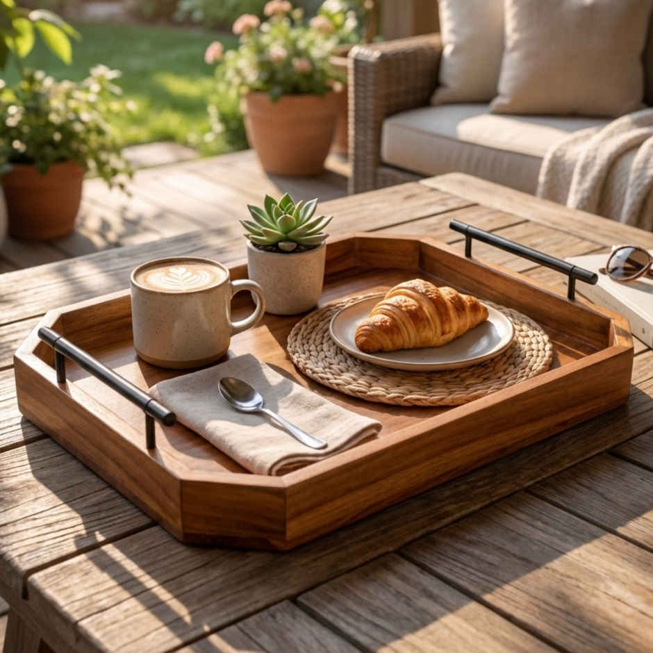 Estoria Collective Teak Wooden Serving Tray with Metal Handle