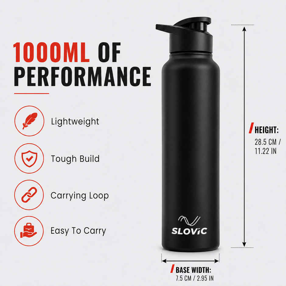 Slovic 1L Stainless Steel Water Bottle with Sipper Cap | 100% BPA Free & leak-Proof | Black
