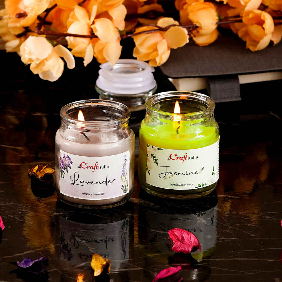 Glass Jar Scented Candles | Jasmine & Lavender | Pack of 2 | eCraftIndia
