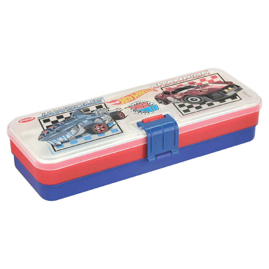 PRATAP Hy Click Pencil Box with 3 Compartment with Clip Lock | Red & Blue, Hot Wheels