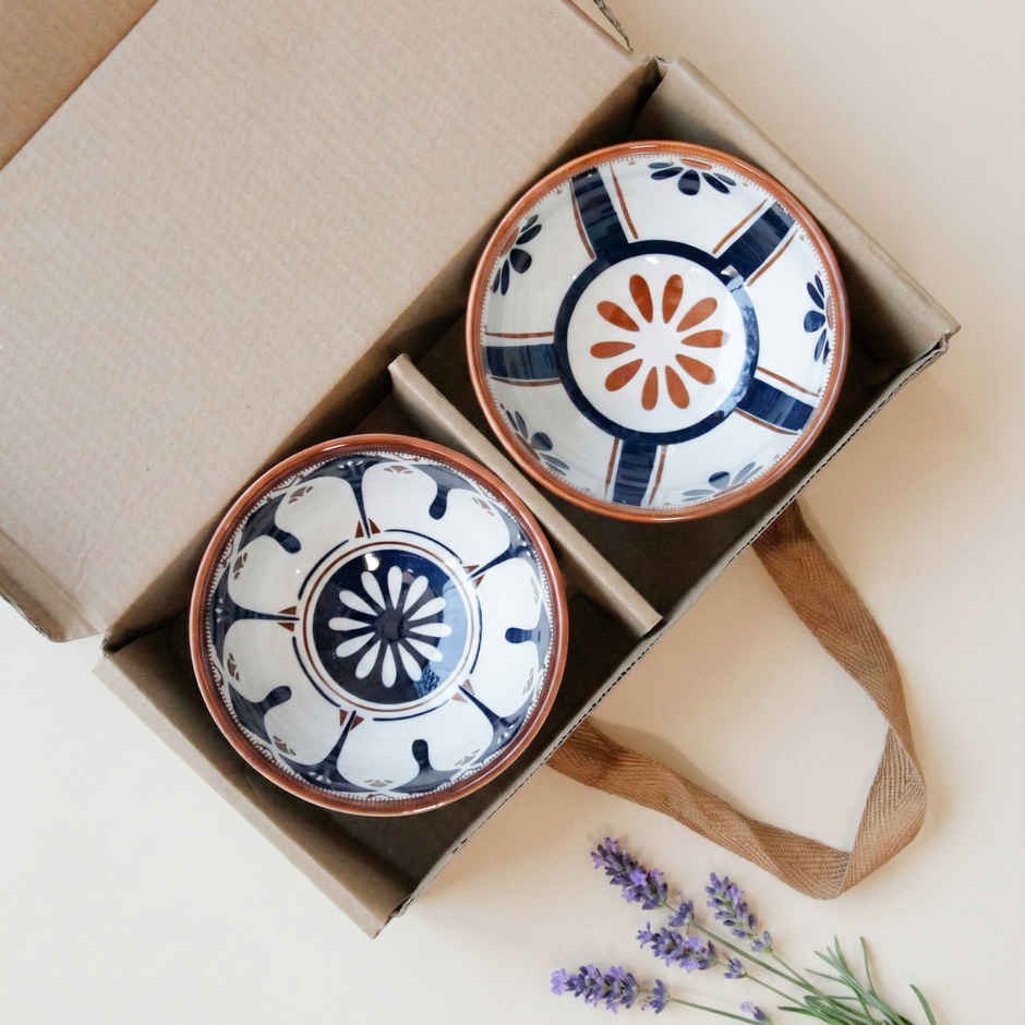 The Earth Store Blue Oriental Ceramic Bowl Set | Microwave & Dishwasher Safe | 300 ml