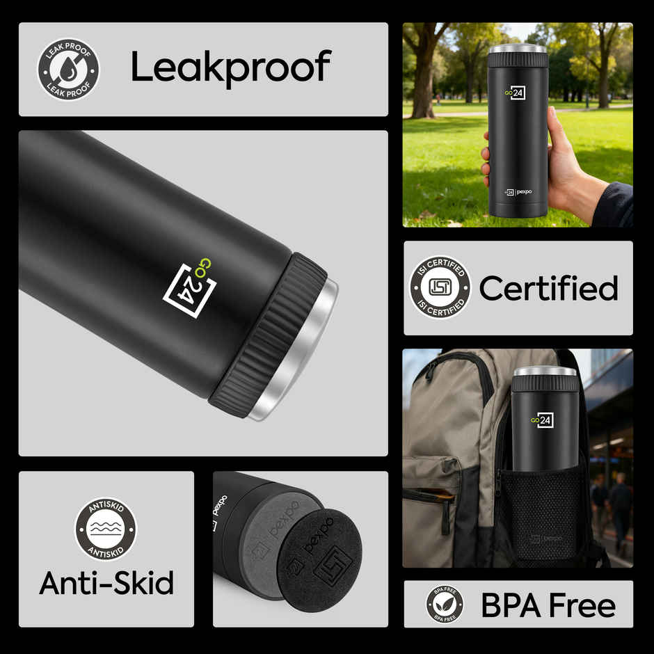 Go24 | Pexpo Crypto ISI Certified Hot & Cold Flask | 430 ml | Knight Black | Stainless Steel