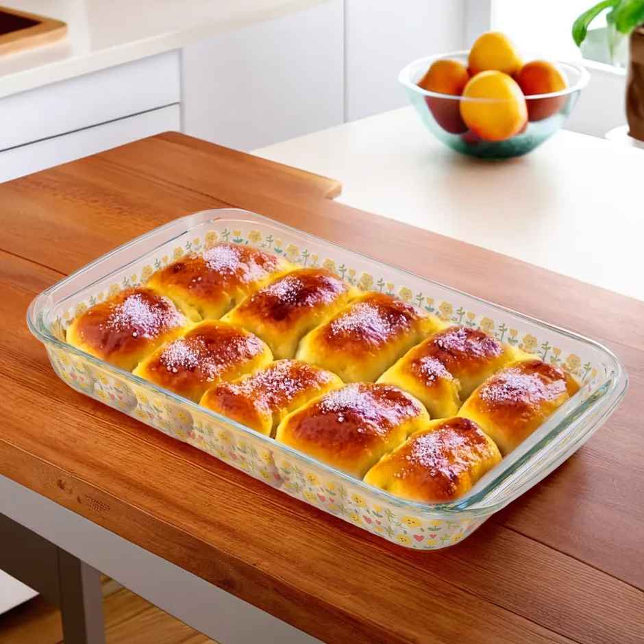 Umai 2200 ml Borosilicate Printed Glass Baking Tray | Transparent Microwave Oven Safe Utensils