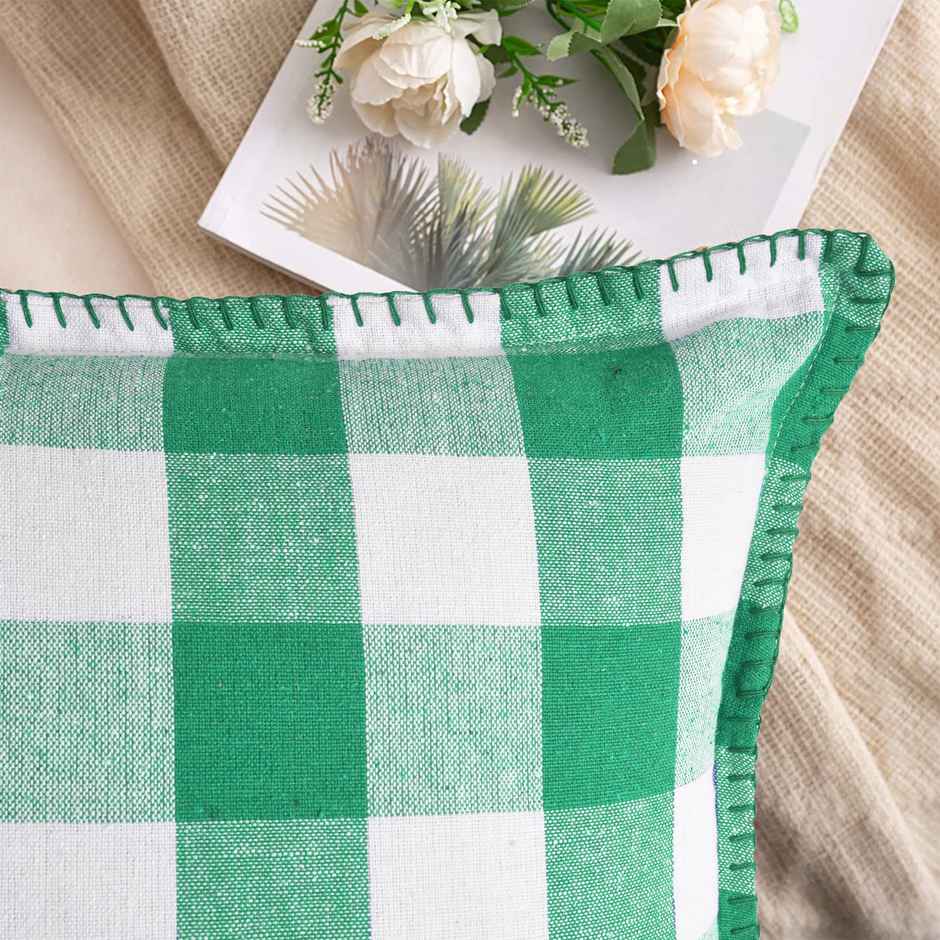 Lushomes Cotton Cushion Covers - Green White Checks | Blanket Stitch | 20 x 20 inch