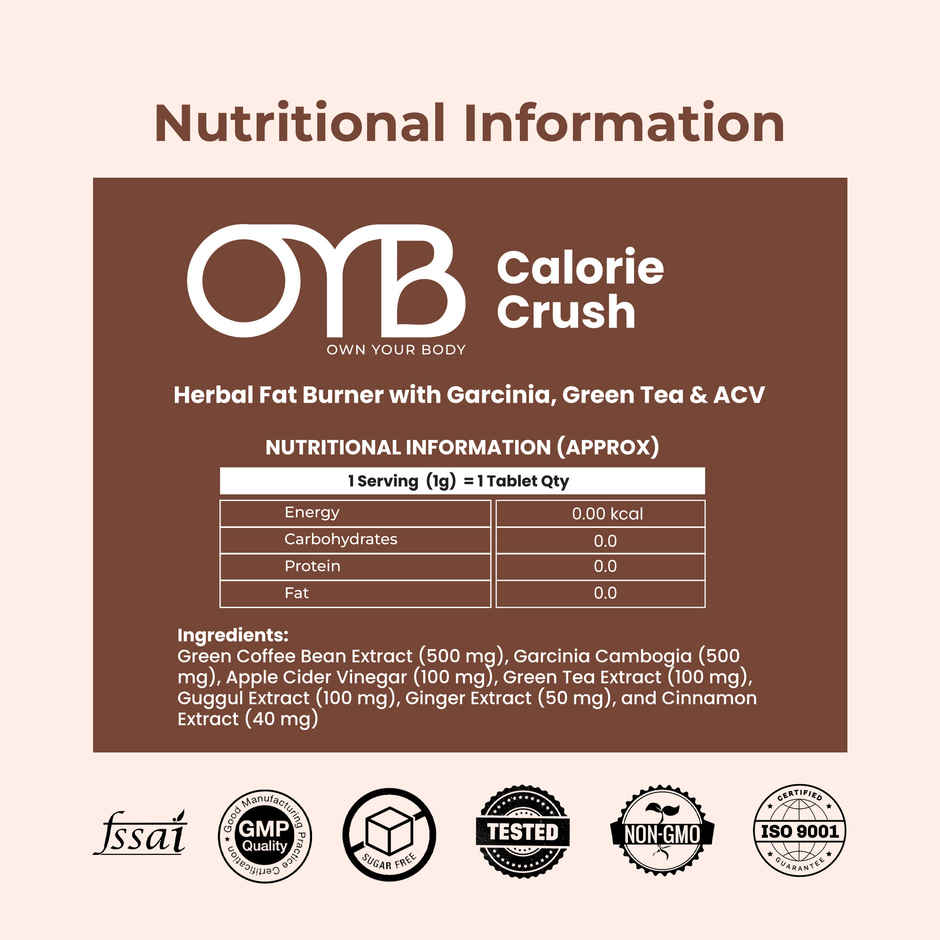 OYB Fat Burner with Garcinia, Green Tea & ACV | 30 Tablets | OYB Calorie Crush