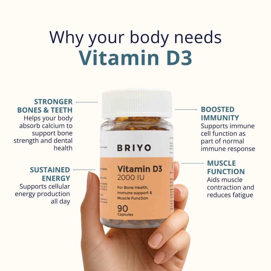 Briyo Vitamin D3 2000 IU 90 Softgels for Bone Health, Muscle Function and Immune Support
