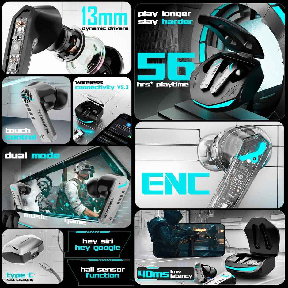 Nu Republic Cyberstud X8 TWS Earbuds, Up to 56Hrs Playtime, 40ms Ultra Low Latency, ENC Mics, 13mm Neodymium Drivers, XBass Technology, Dual Mode for Gaming & Music, Bluetooth 5.3 - Silver