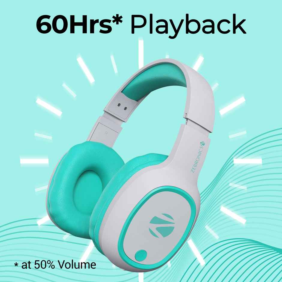 ZEBRONICS Thunder Bluetooth 5.3 Wireless Over Ear Headphones with 60H Backup, Gaming Mode, Dual Pairing, Enc, Aux, Micro Sd, Voice Assistant, Comfortable Earcups, Call Function - Sea Green
