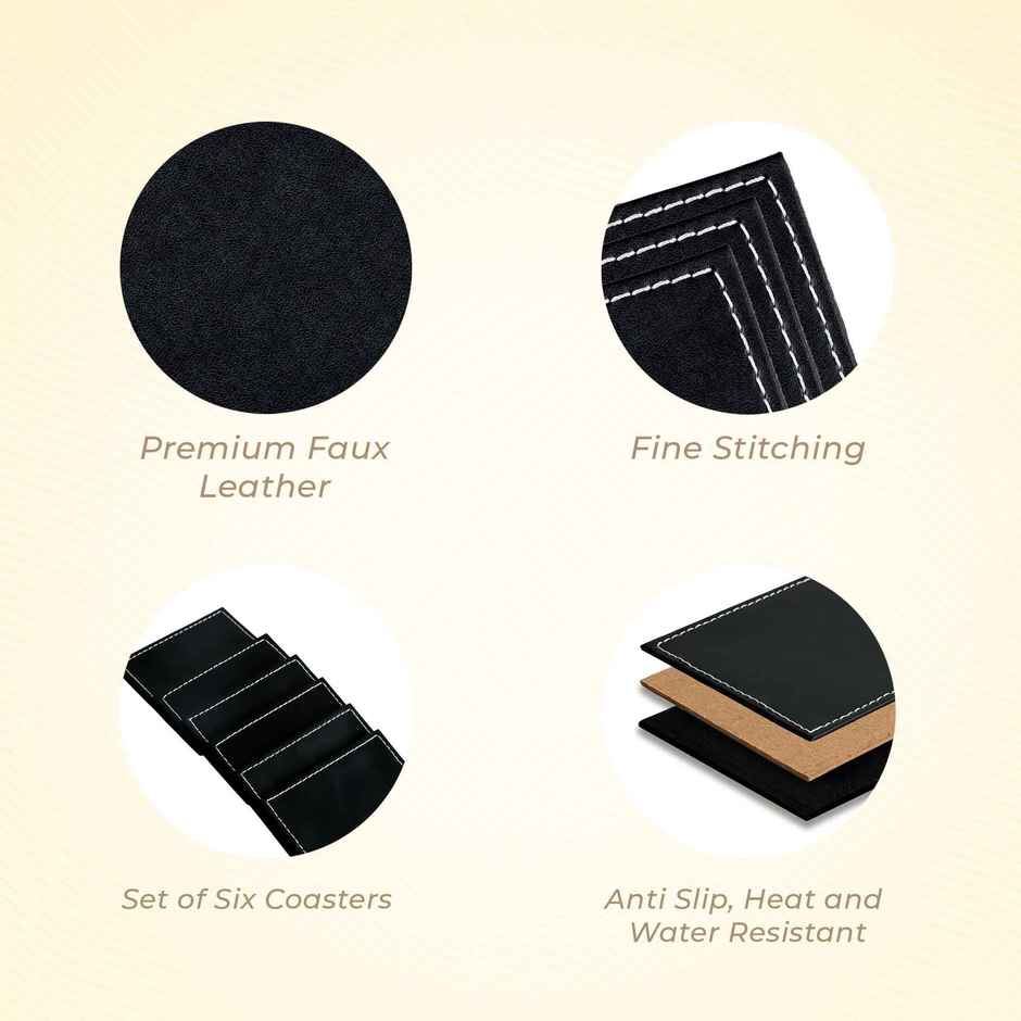 Birch & Co. Leather Coaster | Black Coaster Set of 6 with Holder