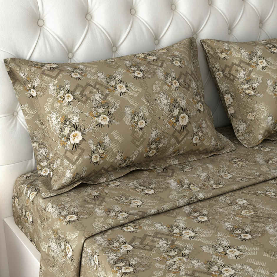 Raymond Home 120 GSM Hazel Floral Double Bedsheet with 2 Pillow Covers Beige