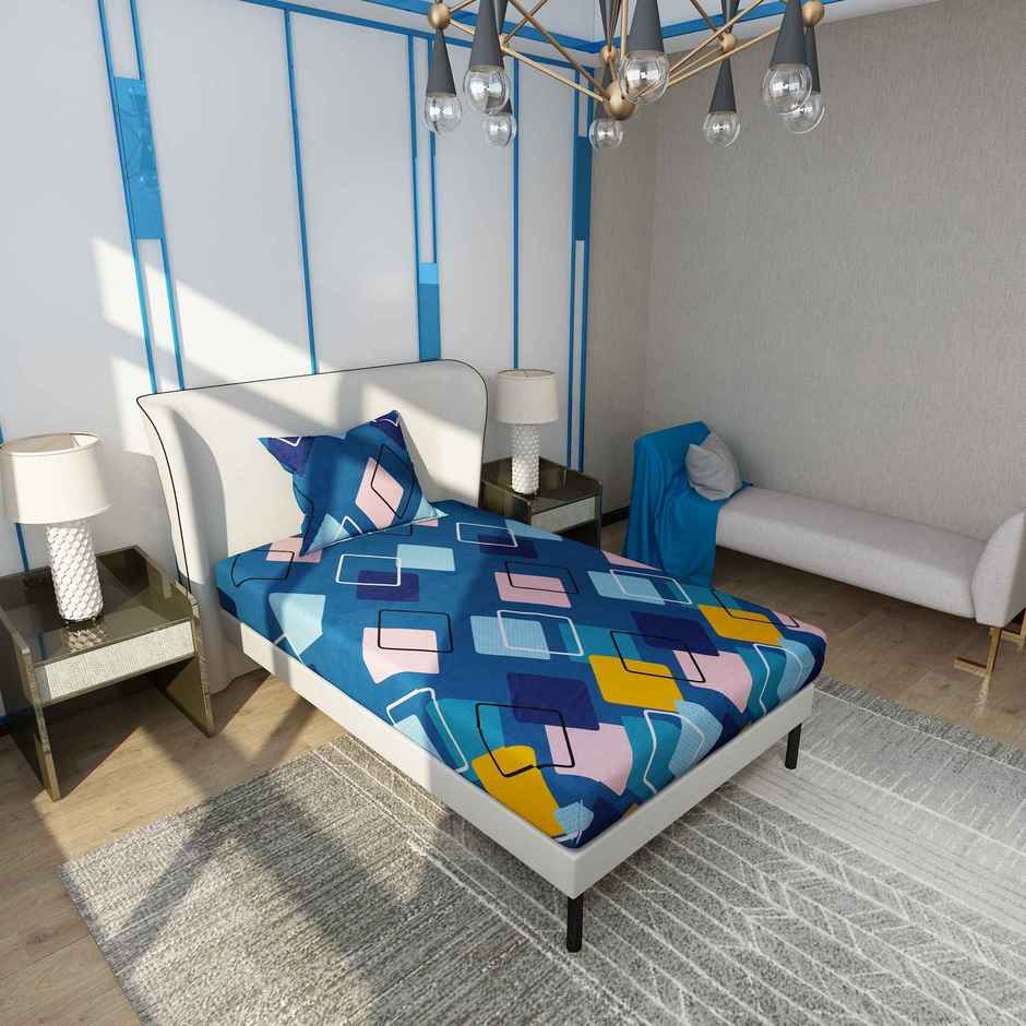 Dream Care Single Microfiber 125 TC Geometric Flat Bedsheet | Pack of 1 | Blue | 60 x 88 in