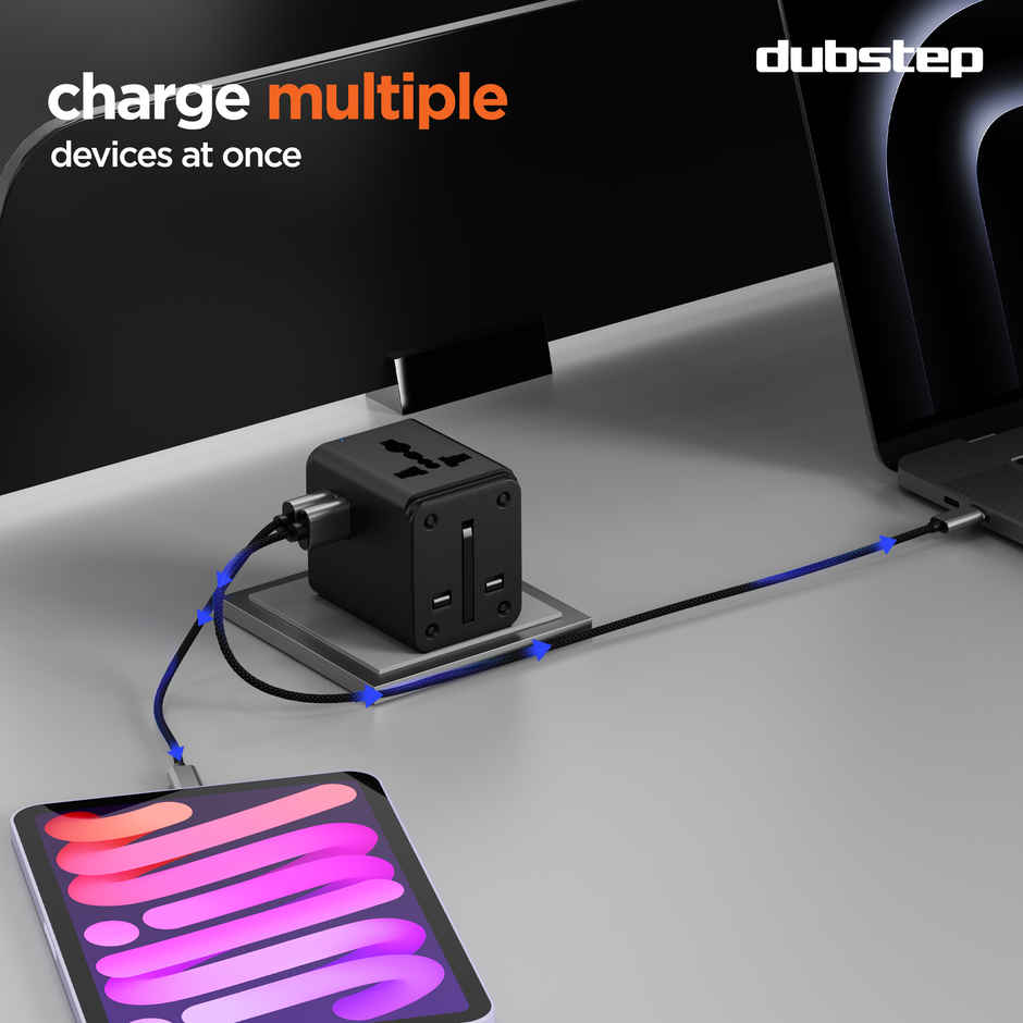 Dubstep Voyager 12W Universal Travel Adaptor, All in One Worldwide Travel Adapter and Wall Charger with Dual USB-A Ports & Power Led Light, 200+ Countries Compatible - Black